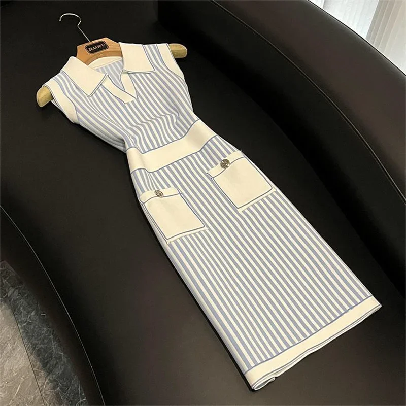 Elegant Women Turn Down Collar Elatic Waist Bodycon Sundress Fashion Stripes Long Vestidos 038A Summer Patchwork Tank Knit Dress