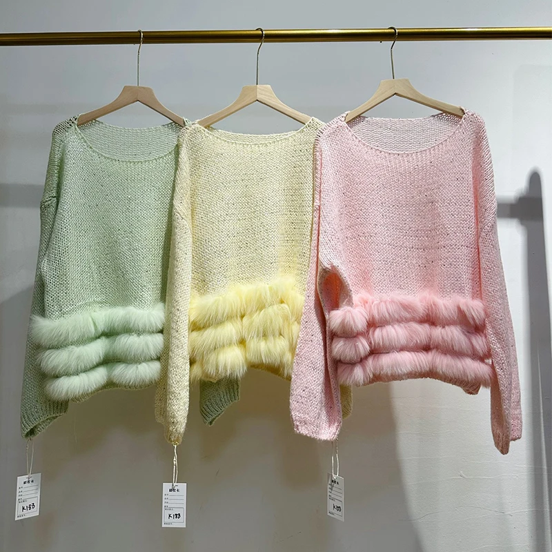 2025 donna primavera paillettes lucide design maglione di pelliccia sottile pelliccia di volpe naturale ragazza autunno maglione cappotto lavorato a maglia