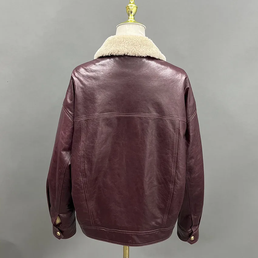 JANEFUR Women's Winter Coat Wine-Red Genuine Leather Down Jacket With Lambswool Collar Real Leather JFB8-25003