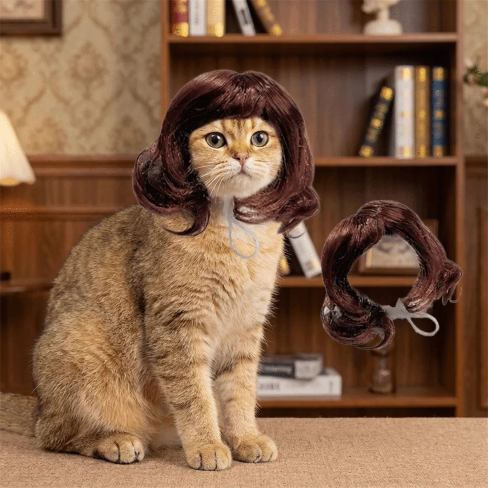 Pet Supplies Big Wave Pet Wigs Lightweight Adjustable Pet Costume Wigs Breathable Cute Cat Short Curly Hair Photography Props