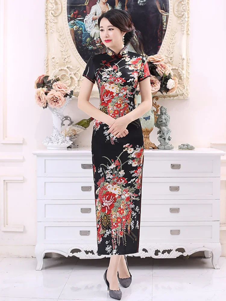Chinese Traditional Cheongsam Dress Floral&Peacock Vintage Mandarin Collar Qipao Slim Long Cheongsam Oriental Party Costumes view 4
