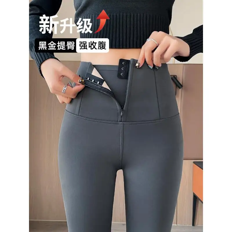 Women Winter Velvet Padded Leggings High Waist Hip Tight Zipper Belly Pants Wool Warm Blend Blended Quality Luxury Pressure