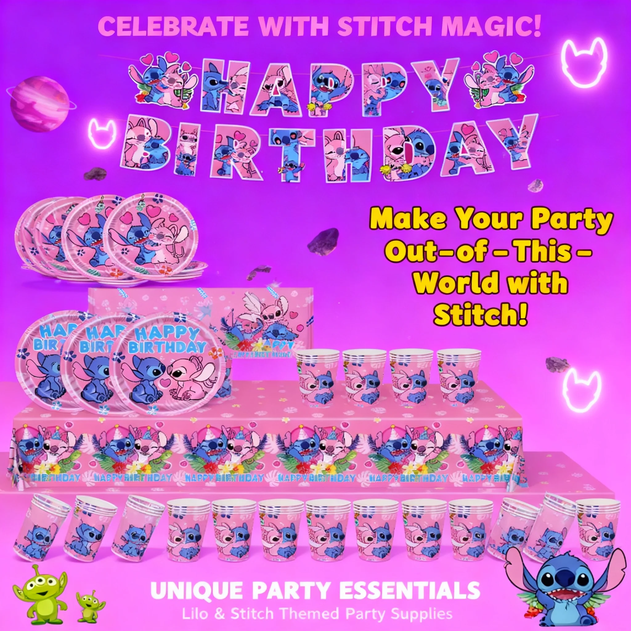 Kit de Décoration de Table Rose Interstellar Stitch pour Fête d'Anniversaire, Baby Shower, Cadeau pour Enfants Garçons Filles, Vaisselle