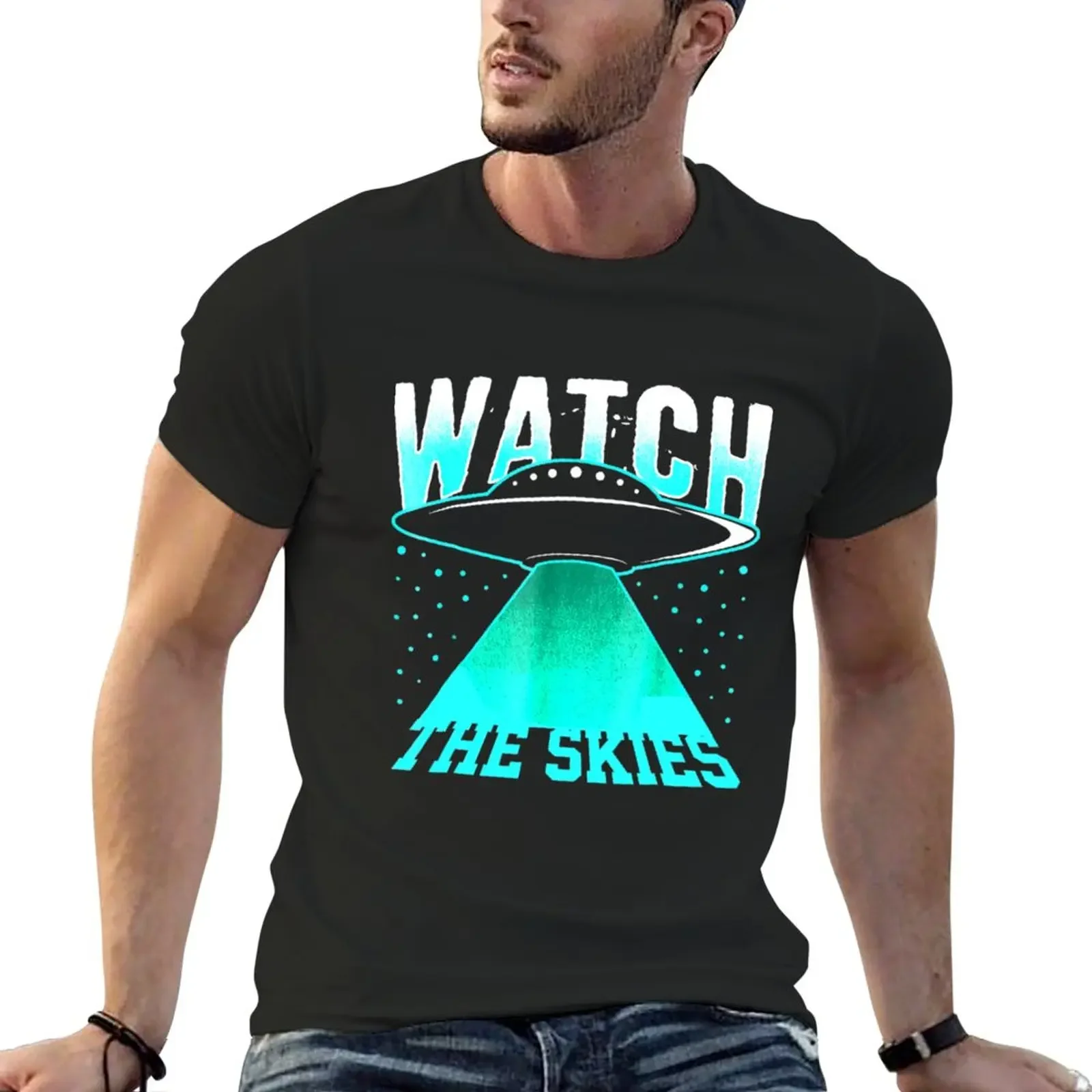 Watch The Skies UFO Alien Spaceship Human T-Shirt sweat shirts anime Tee shirt clothes for men