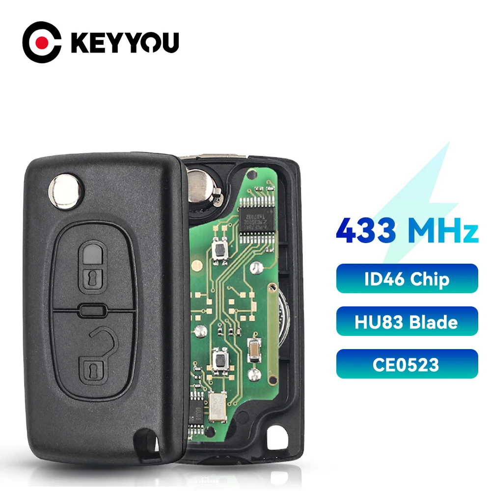 KEYYOU VA2/HU83 Blade 2 Buttons Remote Car Key Fob ASK FSK For Peugeot 307 3008 308 408 433MHz ID46 7941 CE0536 CE0523 Flip Key