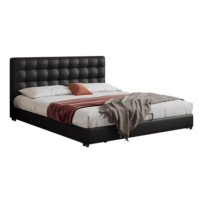 

Leather art bed small apartment master bedroom flush edge double thin head black storage leather bed