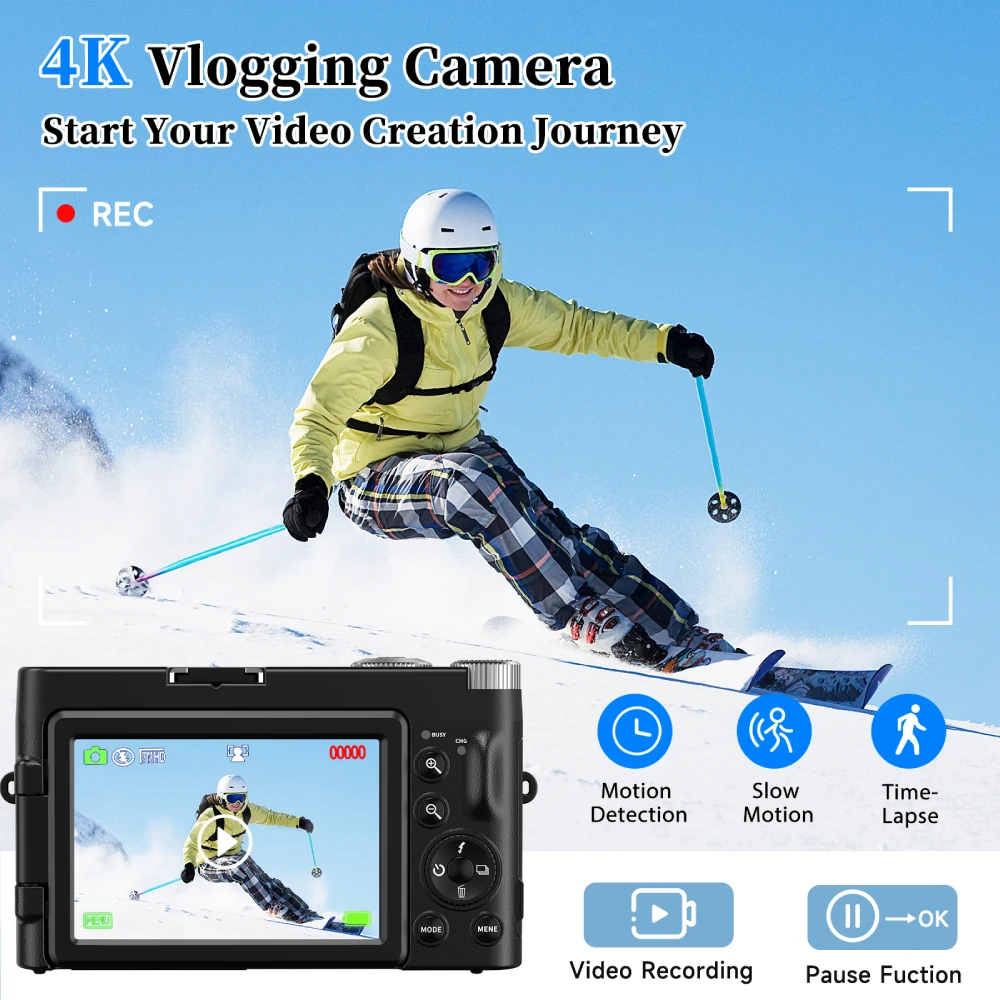 ZOSTUIC 4K Digital Camera for Photography Autofocus 48MP Vlogging Camera with 3'' 180°Flip Screen 16X Digital Zoom 4K Video Cam