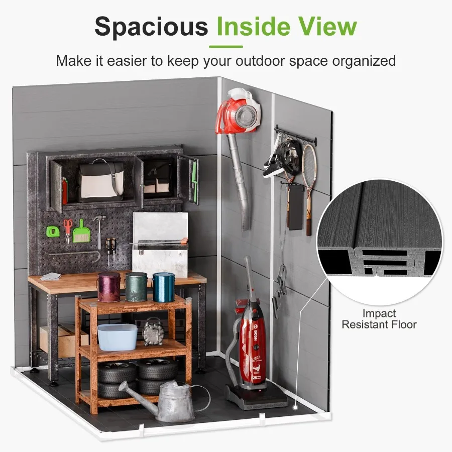 Lean-to resin storage shed for backyard use, gray color, weather-resistant and low-maintenance, includes floor, 4x5 feet