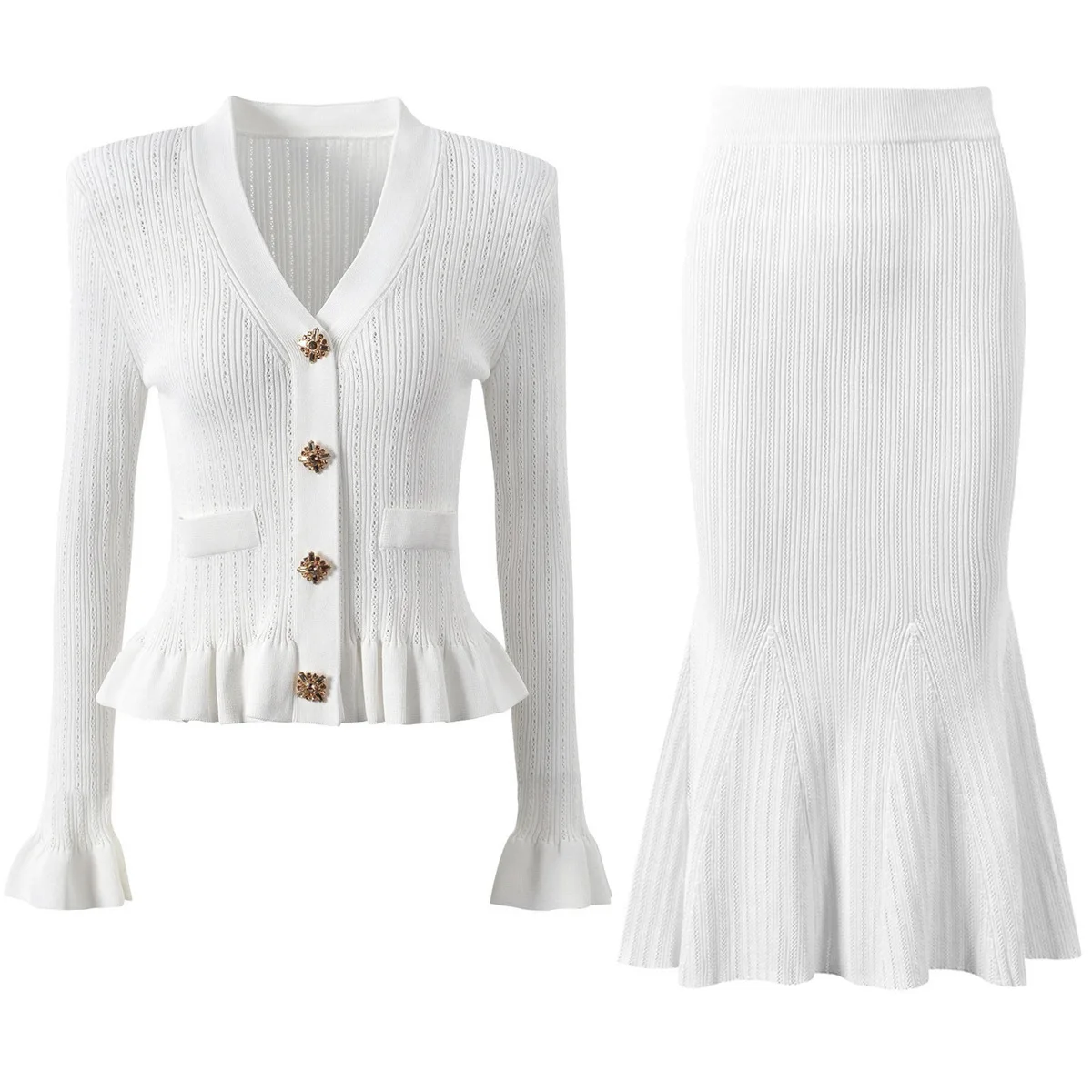 Spring Summer New Fashion Solid Color Knitted Elastic Button V Neck Long Sleeve Cardigan Slim Fit Fishtail Skirt Women Suit