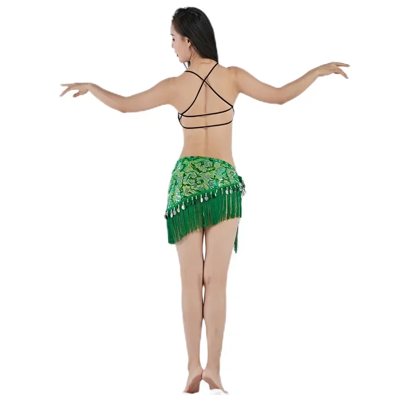 Hip cachecol com borlas lantejoulas para dança do ventre, moedas triângulo, saia wrap, roupas festival de música, Rave Bellydance cinto traje, ouro