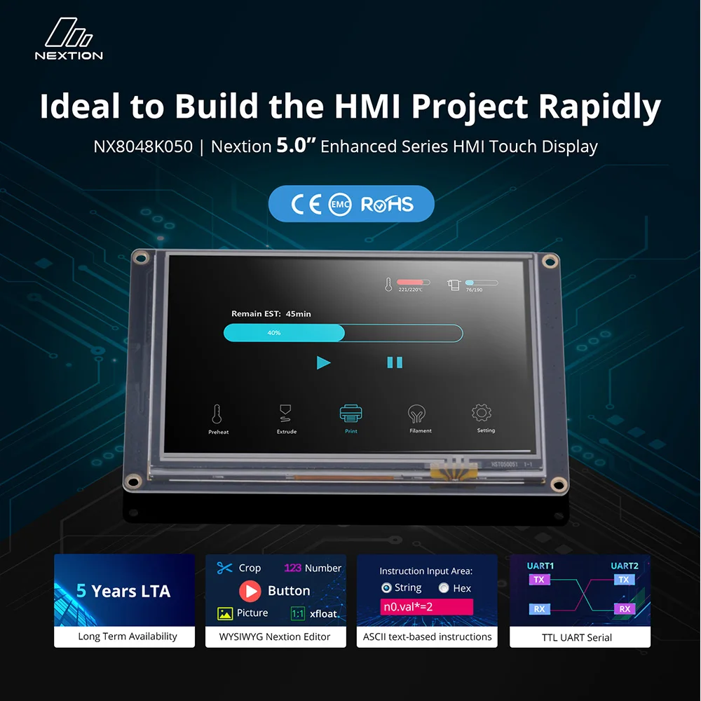 NEXTION NX8048K050 - 5.0'' Intelligent HMI Display TFT LCD Touch Screen Panel with USART UART Serial Interface Enhanced Series