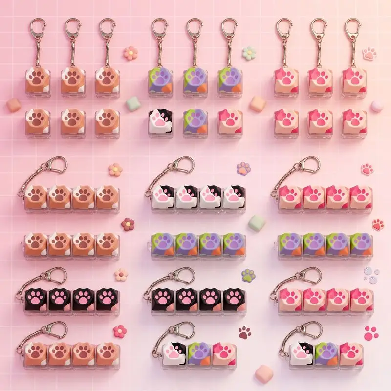 Paw Print PBT Keycap Fidget Toy Keychain Colorful Mechanical Keyboard Accessory Stress Relief Pendant For Office Desktop