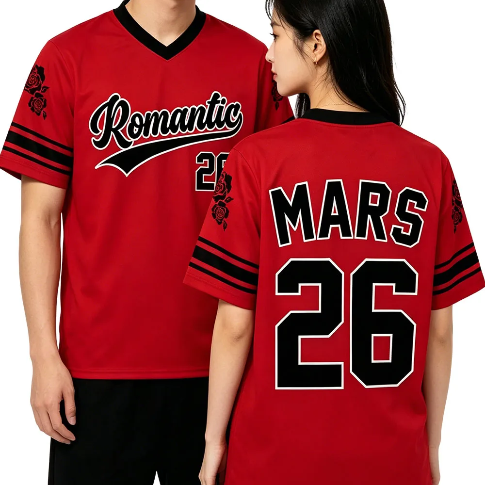 Red V Neck Baseball Jersey Unisex Romantic Rose MARS 26 Number Print, Retro Couple Sportswear, Breathable Casual Street Top