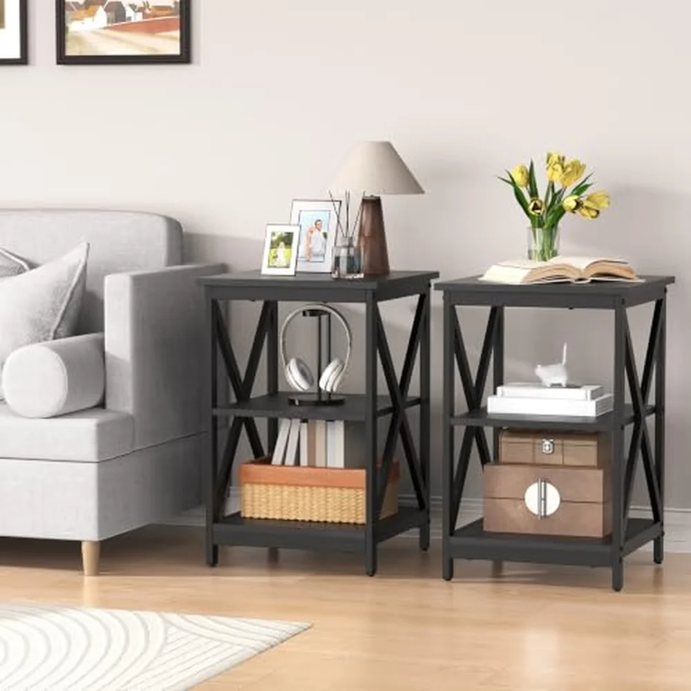 Living Room Table Set of 2 Industrial X Design End Tables 2 Piece Side Table Set with Large Storage for Apartment Home
