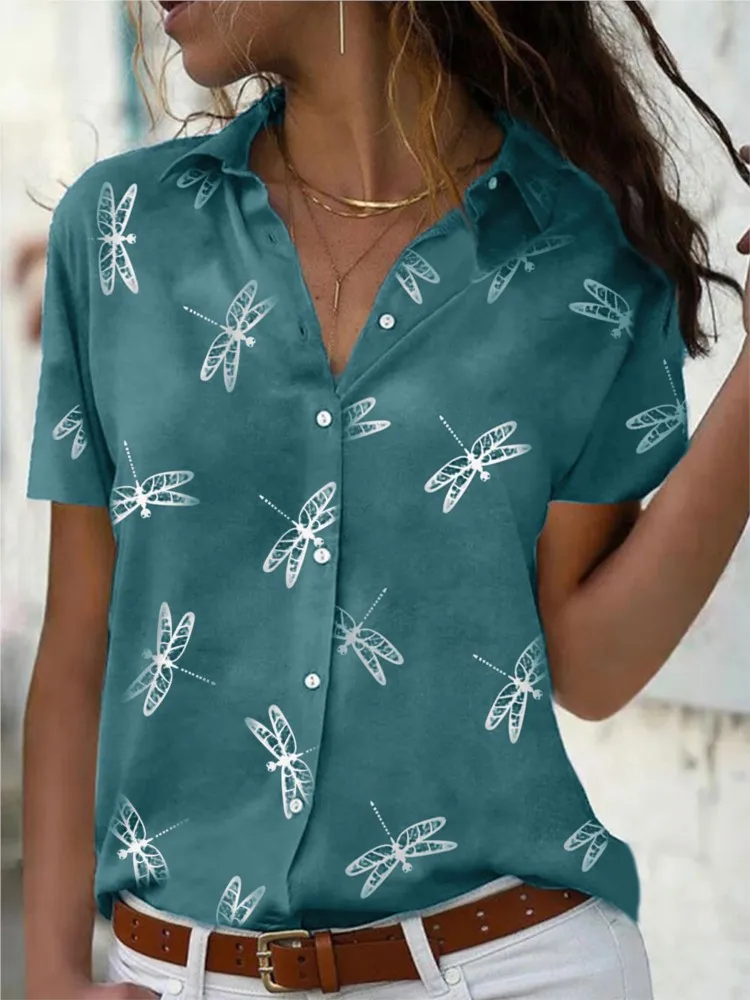 Dragonfly Print Long Sleeve Shirt Lapel Slim Fashion Women's Spring and Summer New Fashion Button-Down Shirt Office