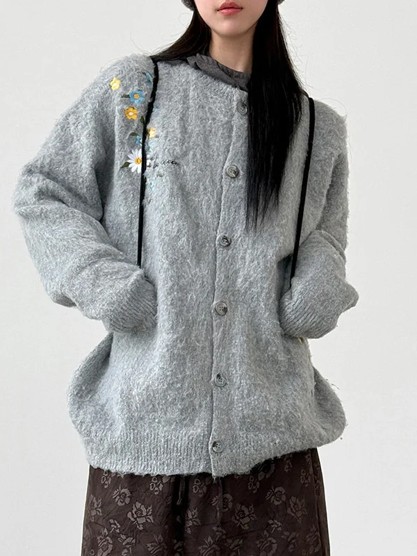 Cárdigan abierto con bordado Floral Retro para mujer, suéter elegante para otoño e invierno, chaqueta holgada y versátil de punto
