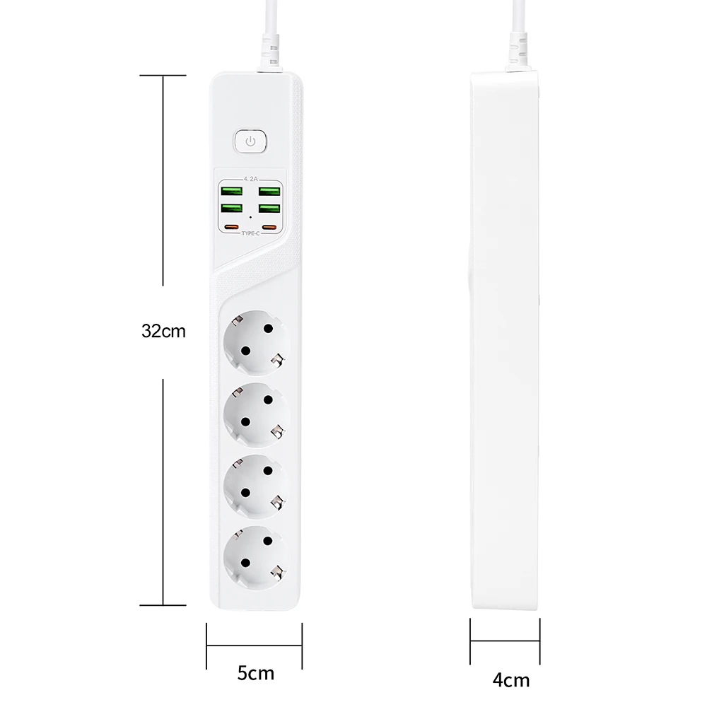 3000W EU Power Strip With Overload Protection 4USB C 2Type C Charger Hub Extension Socket With Switch 2m European Plug Extension