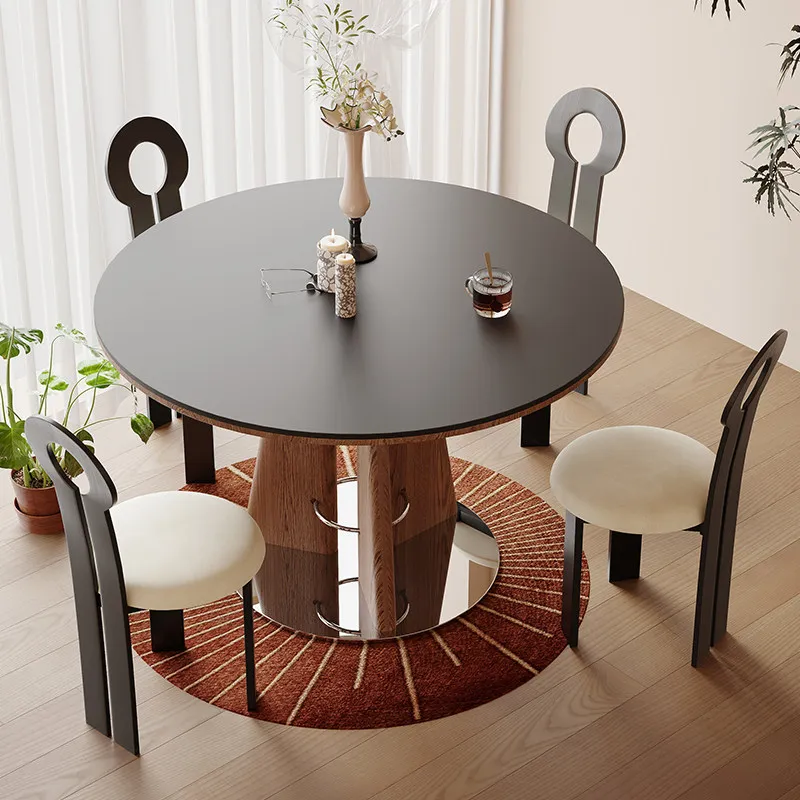 

Medieval style solid wood rock slab dining table restaurant household round diningtable small apartment space-saving diningtab