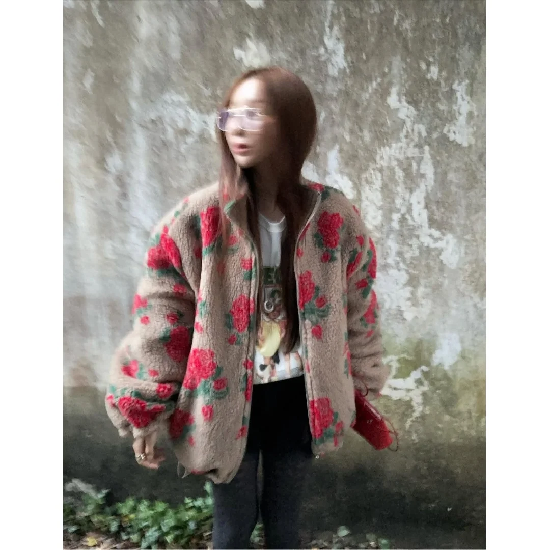 양털 프린트 코튼 혼방 여성용 스웨터 코트 봄 가을 겨울 캐주얼 야외 활동용