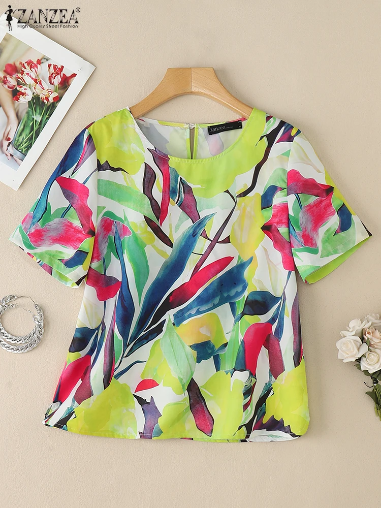 

ZANZEA Summer Short Sleeve Printed Blouses Women O Neck Tops Casual Holiday Shirt Bohemain Loose Blusas Female Chemise Oversize