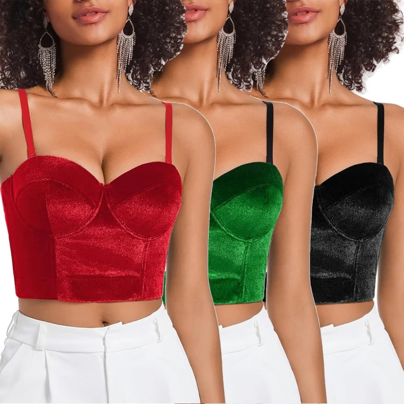 

Velvet Bustier Top Going Out Exotic Corset Tops for Women Sexy Concert Outfit Christmas Tees Top Push Up Bra Date Night Blouse