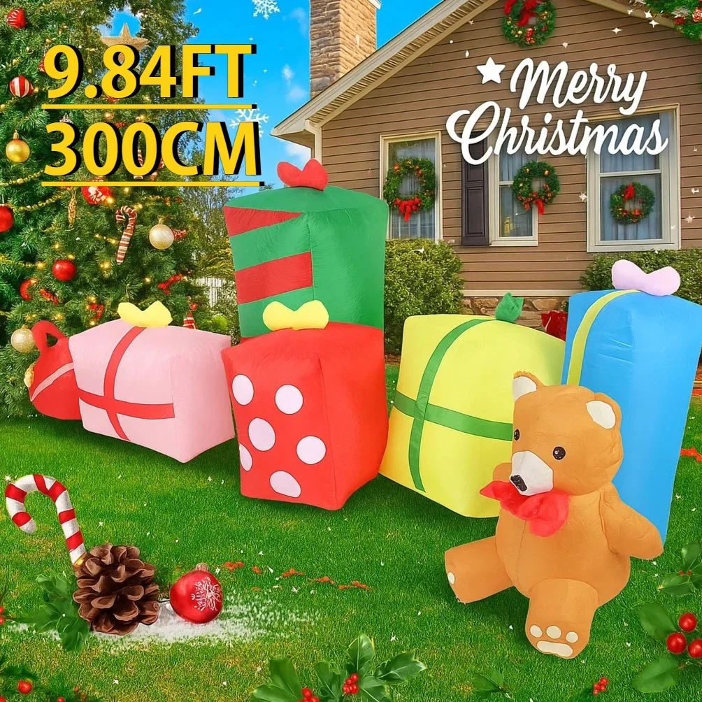 Cajas inflables de Navidad con luz LED de 9,84 pies, oso de peluche, juguete, decoración de fiesta, decoración del hogar, suministro de adorno, regalo de vacaciones de Navidad