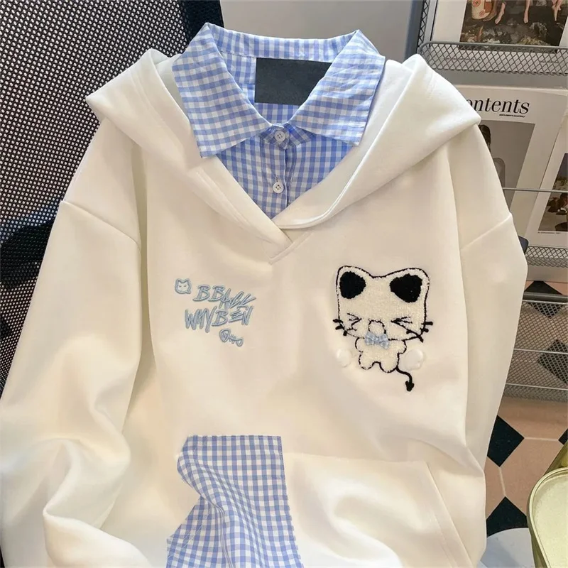 Autumn Lady Two Embroidered Sweatshirt Korean Women Loose Plaid Hoodies Femme Large Size 4xl Hooded Sports Shirt Top