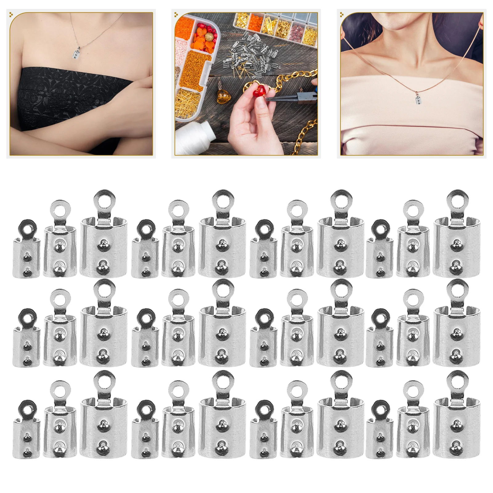 

400Pcs Clasp Tips Jewelry Cord End Caps Stainless Steel Crimp Cord Caps for Necklace Bracelet Making Supplies