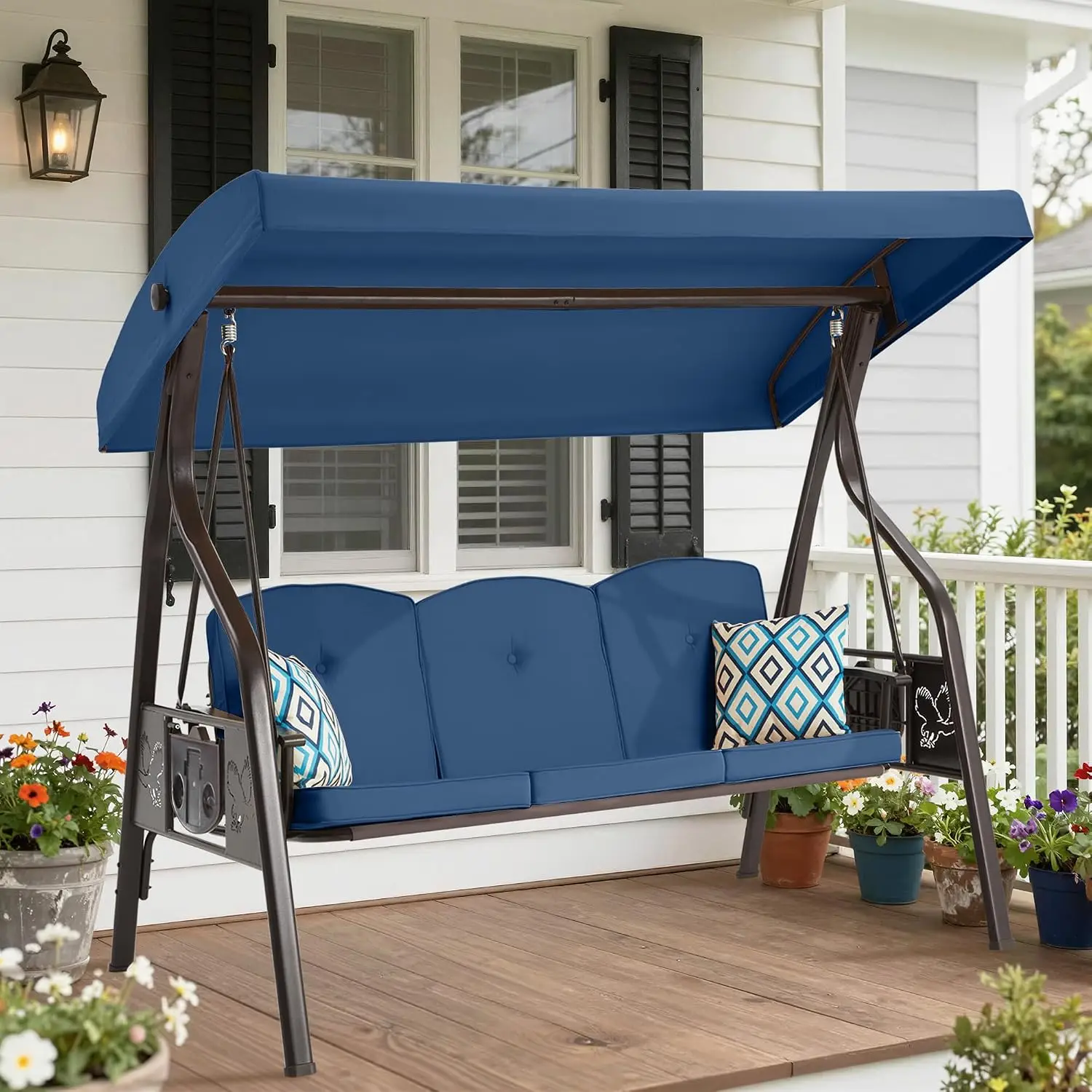3-Seat Outdoor Porch Swing with Stand for Adults, 800lbs Convertible Swing Bed & Patio Swing with Canopy, Deep Cup, Customized