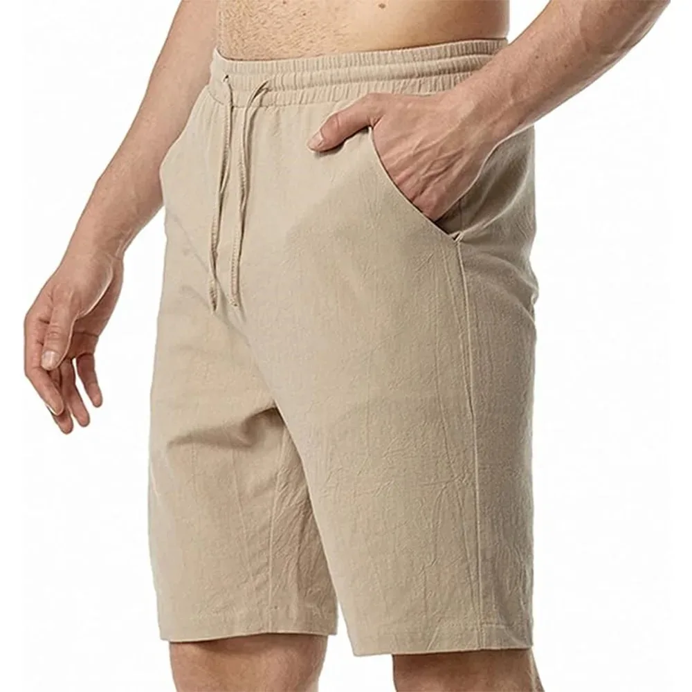 Men's Elastic Waist Solid Color Hawaiian Shorts Casual Cotton Linen Short Pants Men Shorts Breathable Sweatpants Male Bottoms