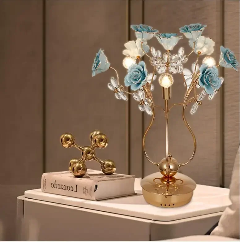 Nordic Iron Branch Chandelier Living Room Modern Elegant Blue Ceramic Lantern Bedroom Rose Branch Crystal Ceiling Lamp