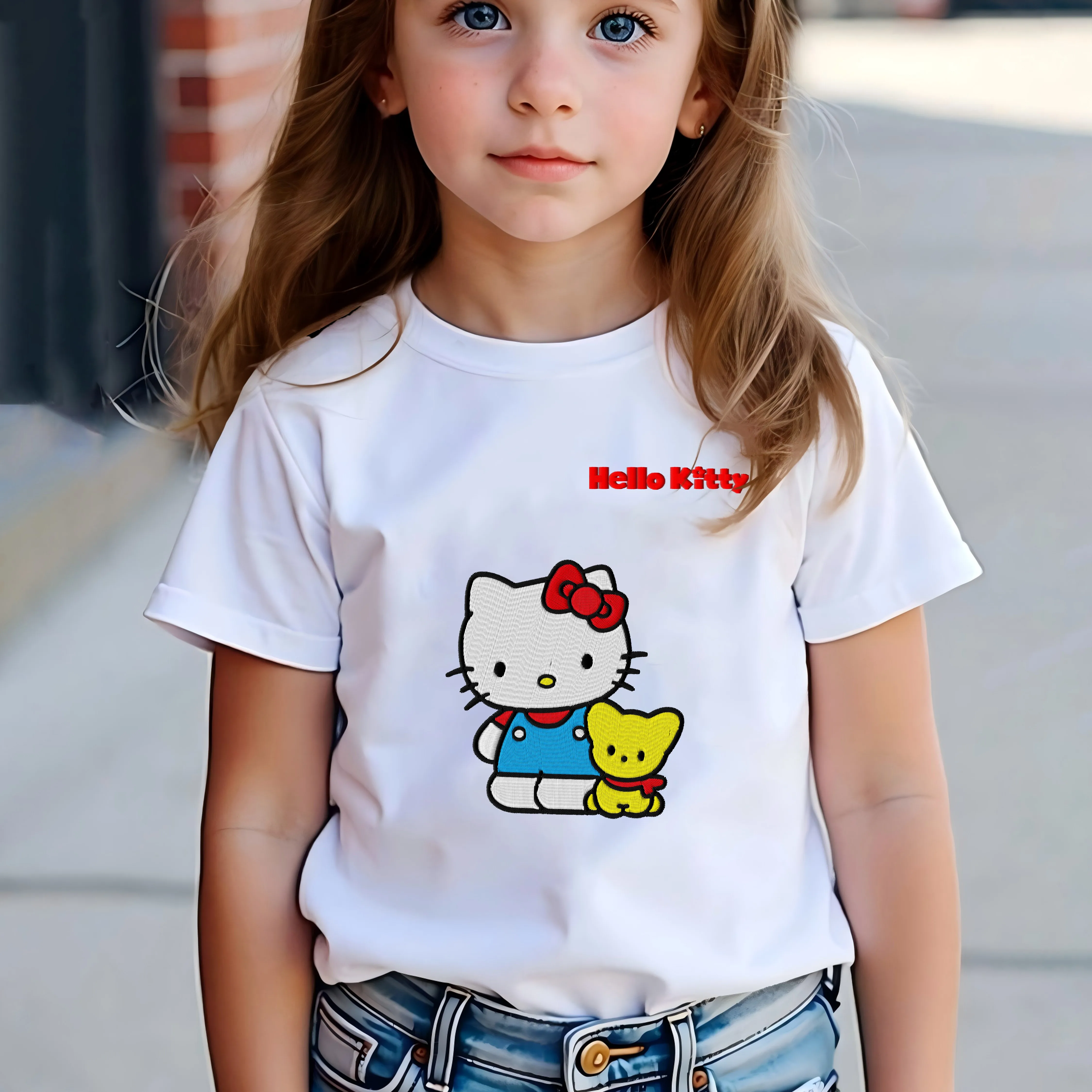

Детская летняя одежда, футболка с вышивкой Hello Kitty, топ для девочек, одежда для девочек 2025 года, детская одежда из чистого хлопка с текстурой, 3D-печать для мам