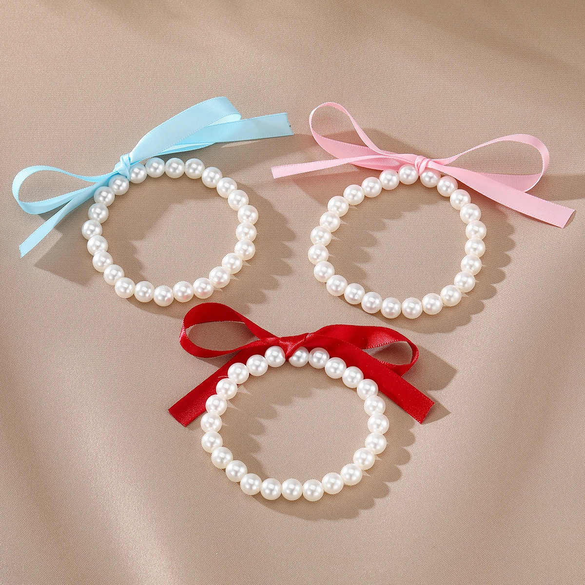 FNIO Simple Retro Imitation Pearls Bead Bracelet For Women Bow Ribbon Love Pendant Bracelet Fashion Party Jewelry Wristband Gift