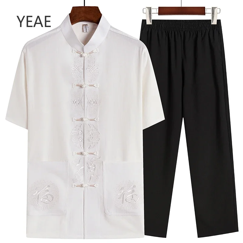 

Тонкий (рубашка + брюки) Мужской комплект одежды из 2 предметов Лето 2025 Новый китайский стиль Тан Костюм Вышивка Дизайнерский свободный топ с короткими рукавами