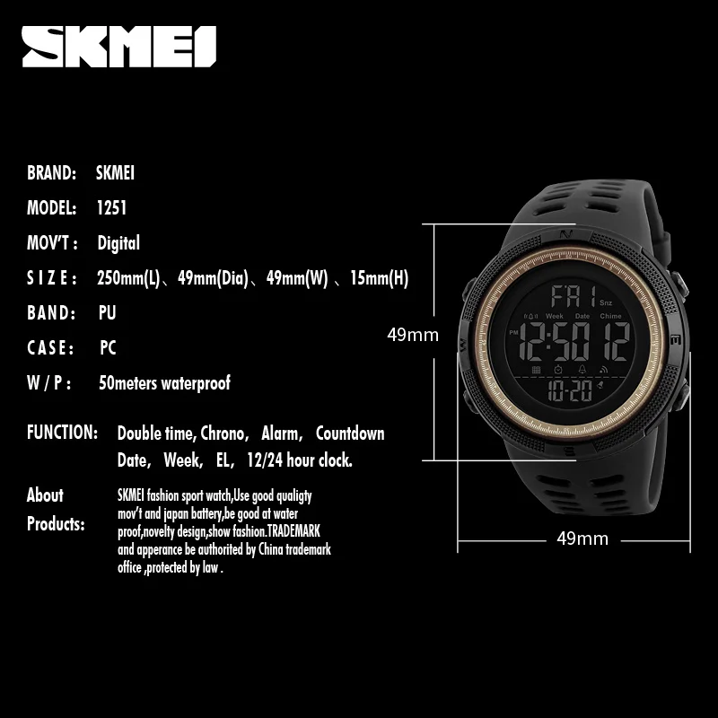 SKMEI 1251 reloj hombre Outdoor Sport Watch Men  Multifunction Watches Alarm Clock Chrono 5Bar Waterproof Digital Watch