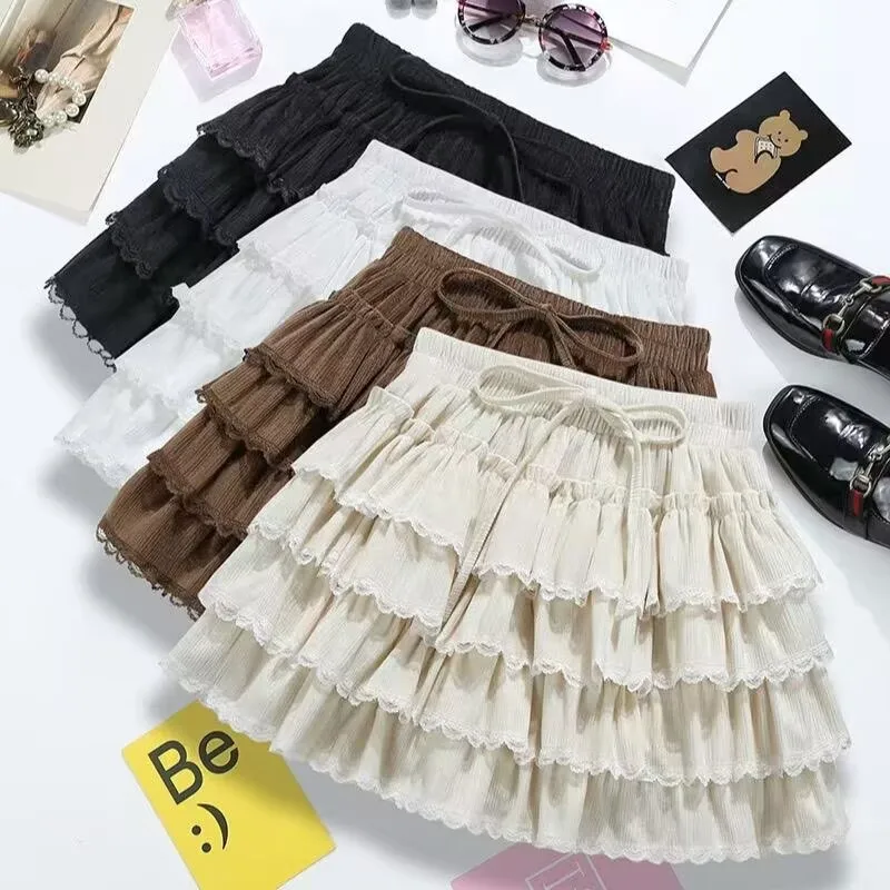 Sweet Lace Patchwork Flounced Edge Skirt Elastic Waist Age Reducing Anti Peeping Tierred Cake Skirt Spring Autumn Women Clothing
