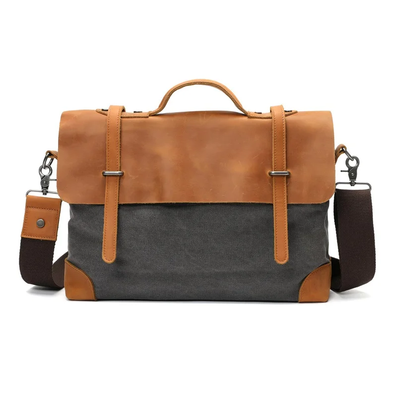 Retro Men Briefcases Canvas Man Messenger Bag Genuine Leather Male Laptop Handbag Men's Shoulder Bags