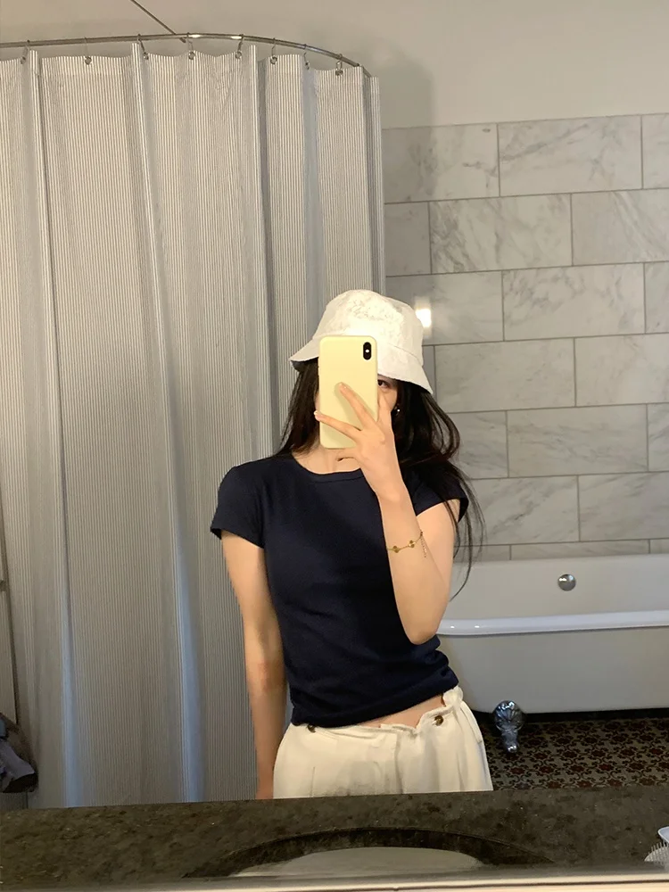 

Slimming Effect ort Sve round Ne T-irt Casual Simple Sle Women's Summer New Faion Cotton Blend Elastic Fiber