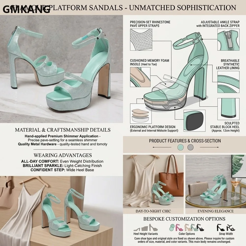 Shiny Crystal Platform Square Toe Sandals Women Sexy Zipper Chunky Heel Evening Party Dress Shoes Comfortable Casual GMKANG