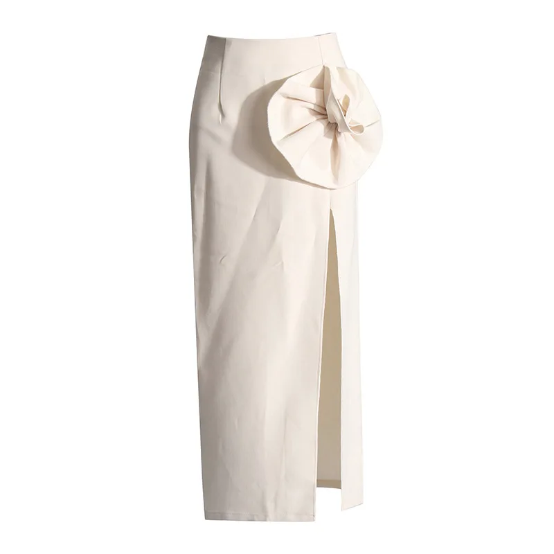 

TIFICY Elegant Style Women's High Waisted and Buttocks Wrapped Long Skirt New Splicing Three-dimensional Flower Split Half Skirt