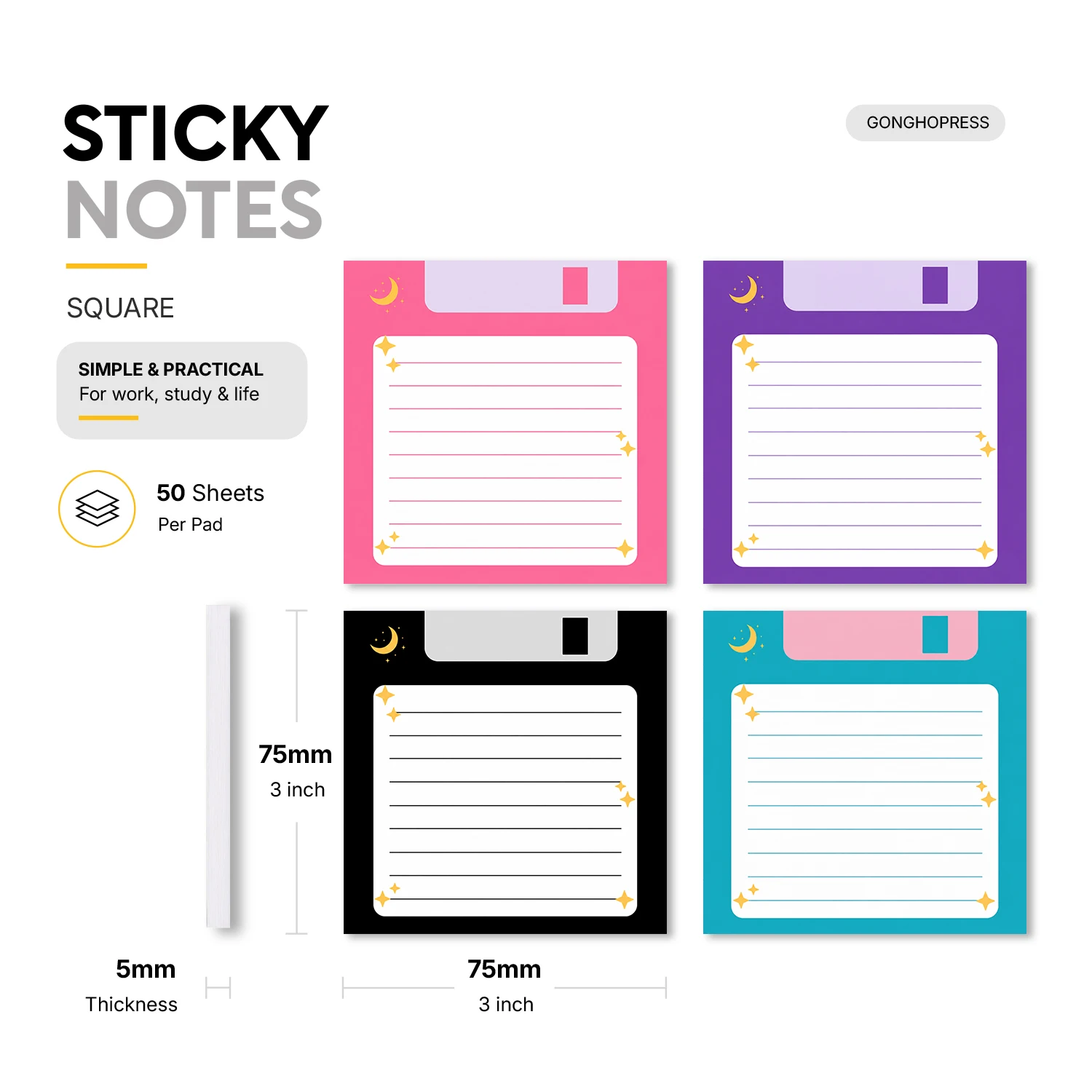 4 Pcs 200 Sheets Total Floppy Disk Sticky Notes, 75x75mm 3x3 Inch, Retro Computer Lined Memo Pads, Vintage Self-Adhesive
