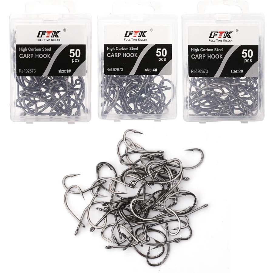 FTK-Alto Carbono Aço Inoxidável Ganchos Farpados, Sharp Gancho De Pesca, Carpa Ganchos Pack, Retail Caixa Original, 1 #-10 #, 50Pcs