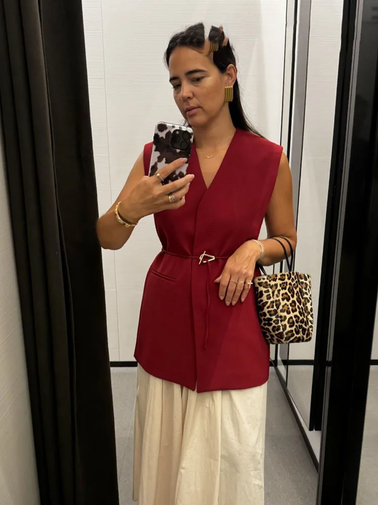 HH Women 2 Piece Set Sleeveless Pocket Belt V-Neck Decorate Vest Top+Solid Side Zip High Waist Loose Casual Wide Leg Pants