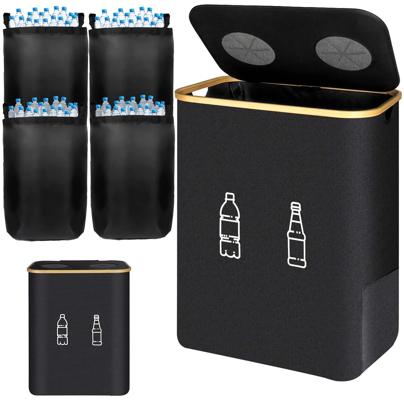Conteneur à bouteilles pliable de 160 L, bac de recyclage, collecteur de bouteilles vides avec couvercle, quatre sacs amovibles, sac Oxford anti-odeur, lavable, pour la cuisine