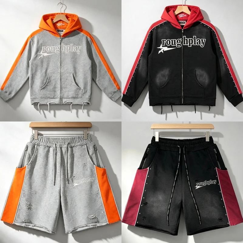 Rough Play Hoodie Vintage Casual Rhinestone Ripped Splice Hooded Sweatshirt American Streetwear Trendy Sports Suit