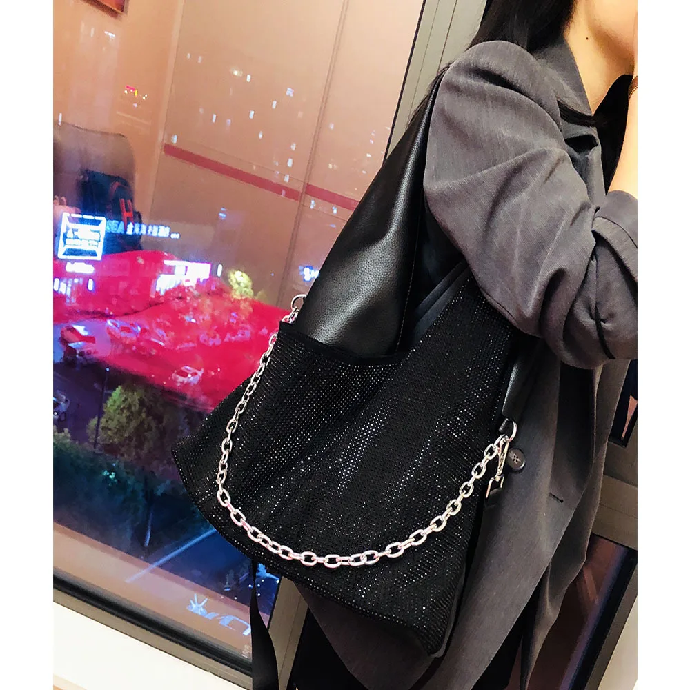 #6382-1 # European and American Trend Tote Big Bag New Women's Bag with Diamond Embedding Single Shoulder Bag Handbag