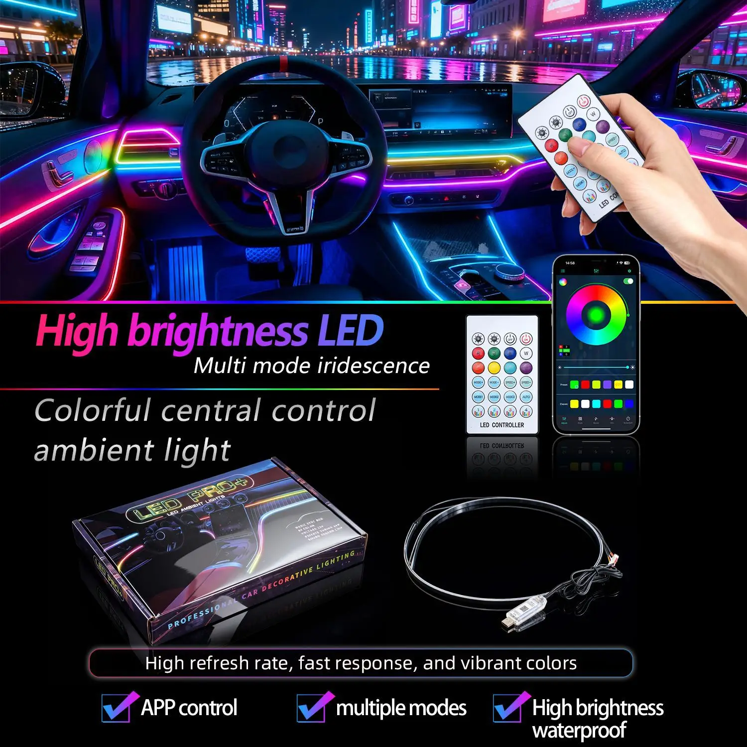 43.31 inch Streamer Car Ambient Lights RGB 64 Color Universal LED Interior Hidden Under Acrylic Strip Symphony Atmosphere Lamp