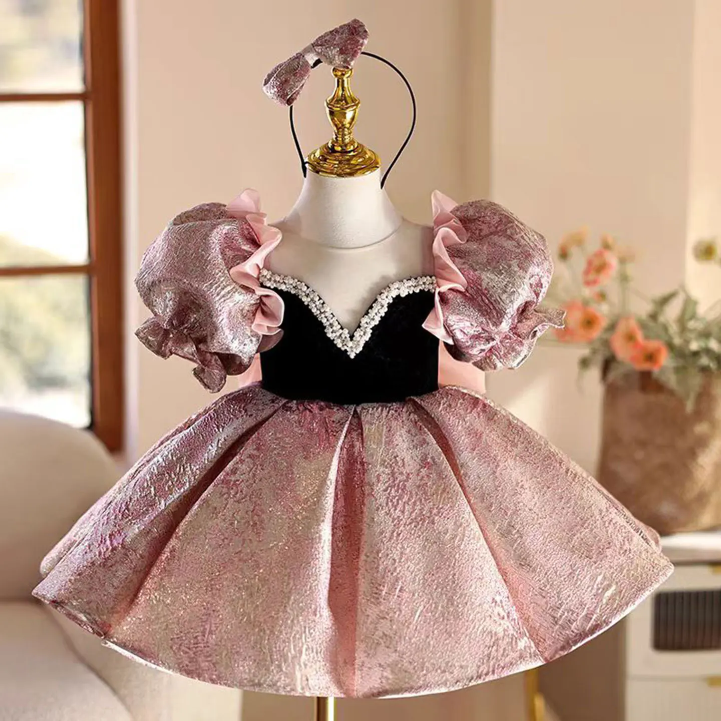 

Dreamy Vow Graceful Pink Baby Girl Dress for Kids 1st Wedding Birthday Party Holiday Celebration Knee Length Ball Gown J467