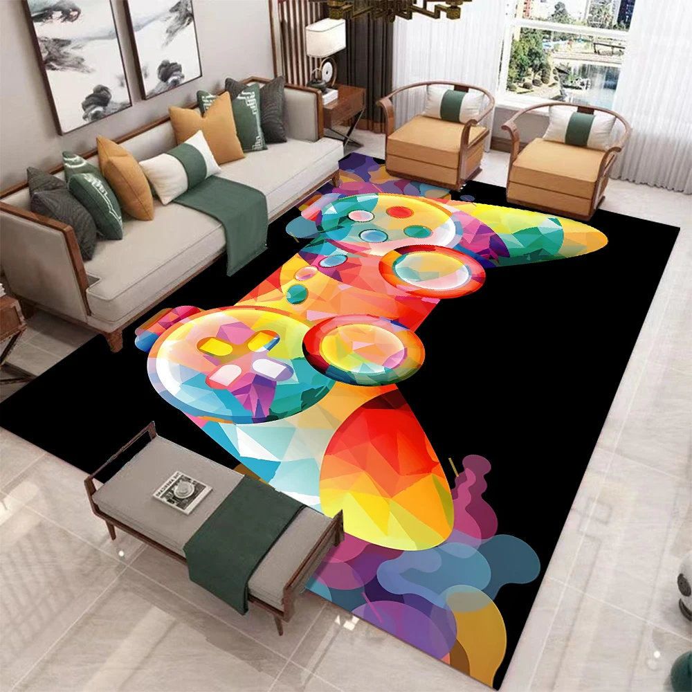 Geometric Color Block Game Controller Rug Rainbow Mosaic NonSlip Easy Clean Gamer Decor Carpet for Game Room Cave Kids Playroom