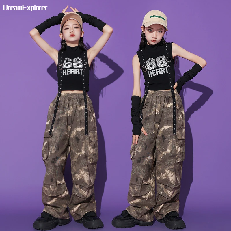 Girls Hip Hop Crop Tank Top Oversleeve Camouflage Cargo Pants Clothes Sets Kids Streetwear Children Street Dance Stage Costumes